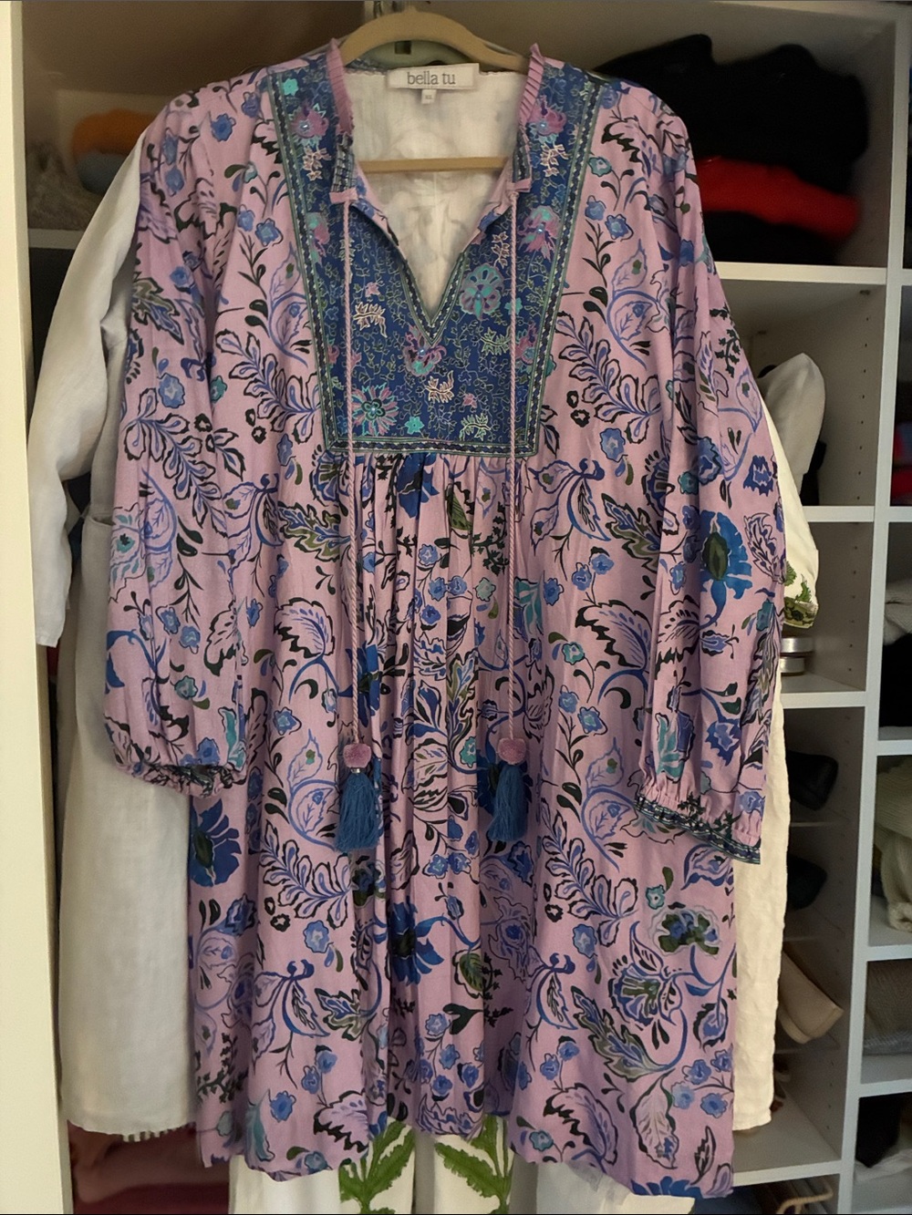 Bella Tu Lavender Floral Embroidered Mini Dress with Tassel Ties